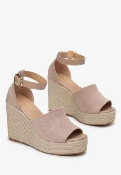 Ciemnobeżowe Plecione Sandały na Koturnie i Platformie Fimieshe