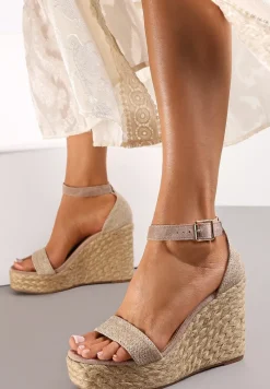 Ciemnobeżowe Plecione Sandały na Koturnie i Platformie z Ozdobnym Paskiem Zete