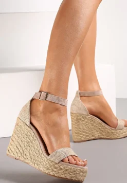 Ciemnobeżowe Plecione Sandały na Koturnie i Platformie z Ozdobnym Paskiem Zete