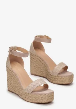 Ciemnobeżowe Plecione Sandały na Koturnie i Platformie z Ozdobnym Paskiem Zete