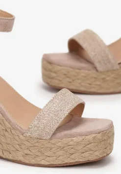 Ciemnobeżowe Plecione Sandały na Koturnie i Platformie z Ozdobnym Paskiem Zete