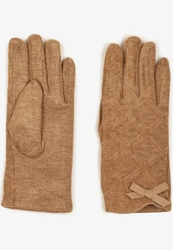 Ciemnobeżowe Rękawiczki Dzianinowe z Bawełną Ozdobione Kokardą Filremi