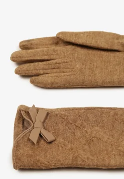 Ciemnobeżowe Rękawiczki Dzianinowe z Bawełną Ozdobione Kokardą Filremi