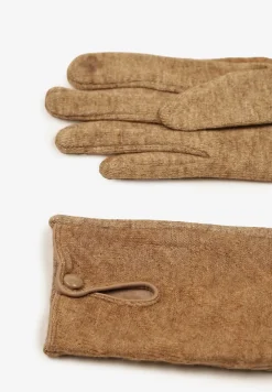 Ciemnobeżowe Rękawiczki z Bawełną Ozdobione Rombami i Guzikiem Fenemi