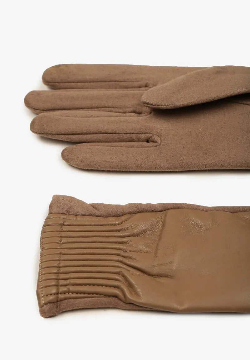 Ciemnobeżowe Rękawiczki z Marszczonym Wzorem Lynlemi