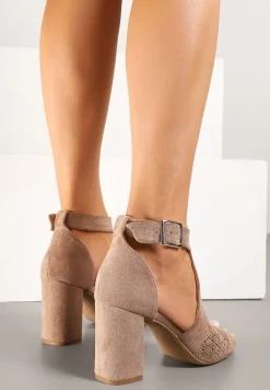 Ciemnobeżowe Sandały Botki ze Sprzączką na Słupku Ciarilora