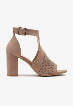 Ciemnobeżowe Sandały Botki ze Sprzączką na Słupku Ciarilora