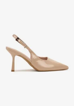 Ciemnobeżowe Sandały Lakierowane na Szpilce Vices Typu Slingback Tilazea