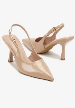 Ciemnobeżowe Sandały Lakierowane na Szpilce Vices Typu Slingback Tilazea