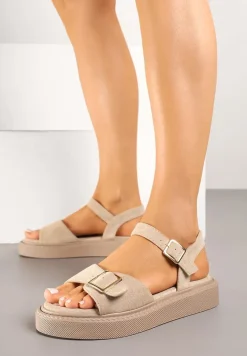 Ciemnobeżowe Sandały na Grubej Podeszwie Zapinane na Sprzączki Ulosindia