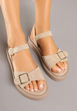 Ciemnobeżowe Sandały na Grubej Podeszwie Zapinane na Sprzączki Ulosindia