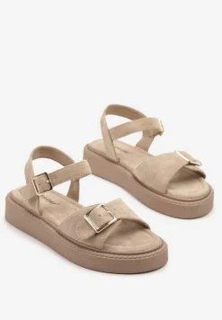 Ciemnobeżowe Sandały na Grubej Podeszwie Zapinane na Sprzączki Ulosindia
