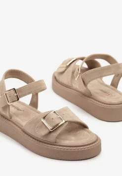 Ciemnobeżowe Sandały na Grubej Podeszwie Zapinane na Sprzączki Ulosindia