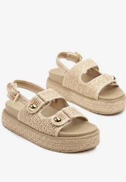 Ciemnobeżowe Sandały na Platformie z Plecionką i Metalicznymi Aplikacjami Pollani