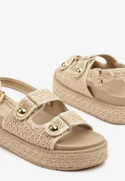 Ciemnobeżowe Sandały na Platformie z Plecionką i Metalicznymi Aplikacjami Pollani