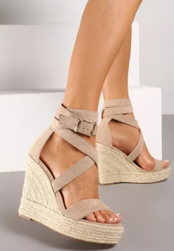 Ciemnobeżowe Sandały na Plecionym Koturnie i Platformie Tinami