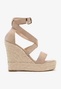 Ciemnobeżowe Sandały na Plecionym Koturnie i Platformie Tinami