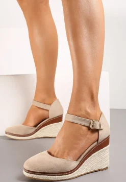 Ciemnobeżowe Sandały na Plecionym Koturnie ze Sprzączką Catlinna