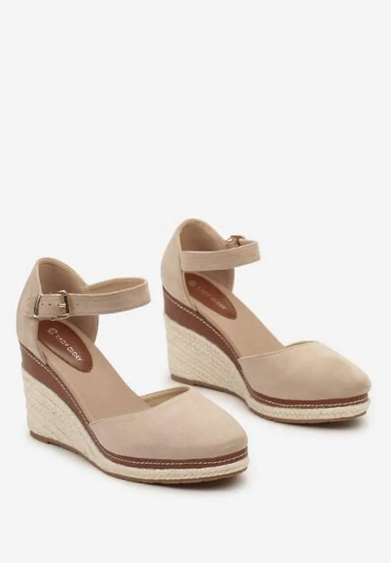 Ciemnobeżowe Sandały na Plecionym Koturnie ze Sprzączką Catlinna