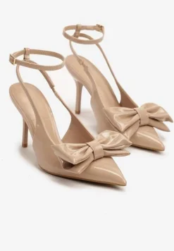 Ciemnobeżowe Sandały na Szpilce Vices z Dużą Kokardką Bez Pięty Velozia