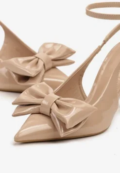 Ciemnobeżowe Sandały na Szpilce Vices z Dużą Kokardką Bez Pięty Velozia