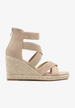 Ciemnobeżowe Sandały Vices na Koturnie Ozdobionym Plecionką Adisiel