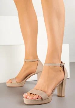 Ciemnobeżowe Sandały Vices na Słupkowym Obcasie z Paskiem Wokół Kostki Maritira