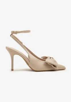 Ciemnobeżowe Sandały Vices na Szpilce Slingback Ozdobione Kokardą Tilvanea