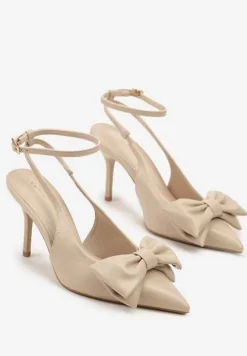 Ciemnobeżowe Sandały Vices na Szpilce Slingback Ozdobione Kokardą Tilvanea