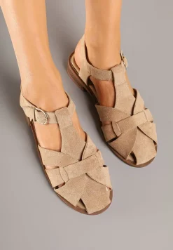 Ciemnobeżowe Sandały w Stylu Gladiatorek z Imitacji Zamszu Kolinella