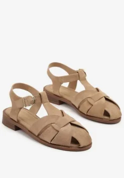 Ciemnobeżowe Sandały w Stylu Gladiatorek z Imitacji Zamszu Kolinella
