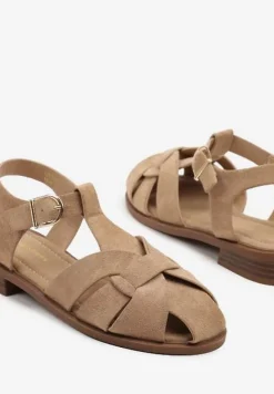 Ciemnobeżowe Sandały w Stylu Gladiatorek z Imitacji Zamszu Kolinella