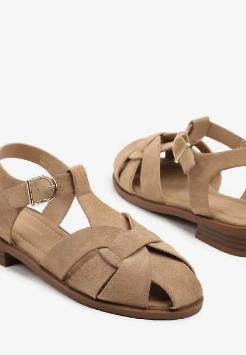 Ciemnobeżowe Sandały w Stylu Gladiatorek z Imitacji Zamszu Kolinella