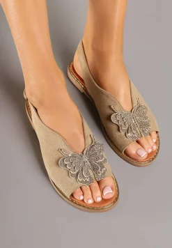 Ciemnobeżowe Sandały z Ekozamszu Zdobione Cyrkoniami i Aplikacją z Motylem Falevelith