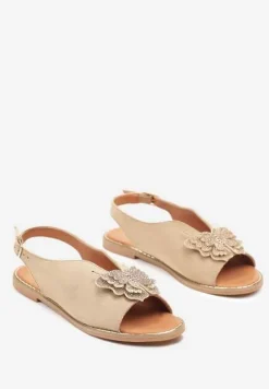 Ciemnobeżowe Sandały z Ekozamszu Zdobione Cyrkoniami i Aplikacją z Motylem Falevelith