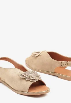 Ciemnobeżowe Sandały z Ekozamszu Zdobione Cyrkoniami i Aplikacją z Motylem Falevelith