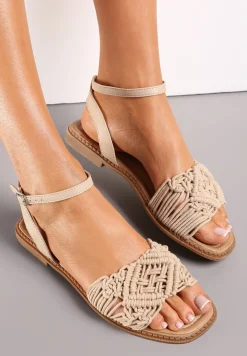 Ciemnobeżowe Sandały z Przeplatanymi Paskami Beula