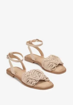 Ciemnobeżowe Sandały z Przeplatanymi Paskami Beula