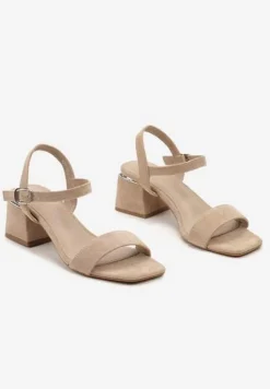 Ciemnobeżowe Sandały z Wyściółką z Ekoskóry na Słupku z Zapięciem na Sprzączkę Maloella