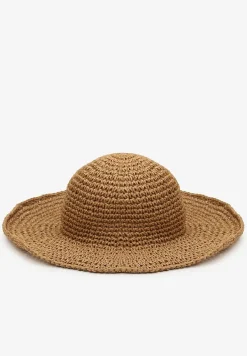 Ciemnobeżowy Casualowy Pleciony Kapelusz z Szerokim Usztywnianym Rondem Recere