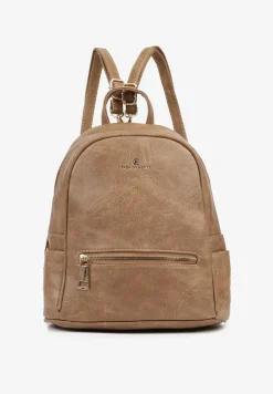 Ciemnobeżowy Casualowy Plecak z Metalicznym Suwakiem Idalerra