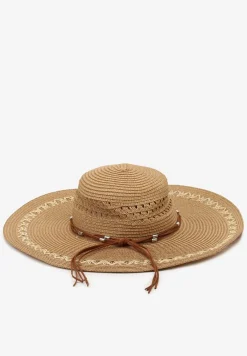 Ciemnobeżowy Duży Kapelusz z Plecionki Naturalnej Udekorowany Wokół Rzemykami Aothiri