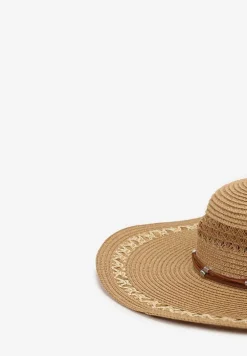 Ciemnobeżowy Duży Kapelusz z Plecionki Naturalnej Udekorowany Wokół Rzemykami Aothiri