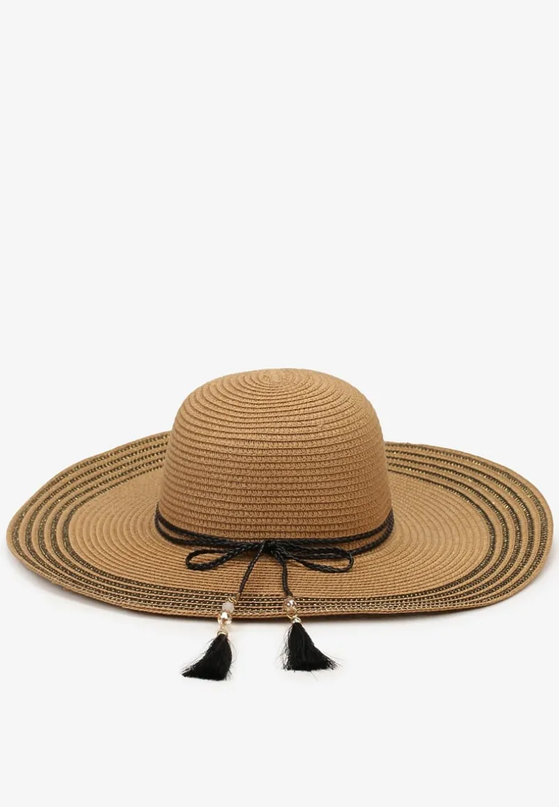 Ciemnobeżowy Kapelusz z Chwostami i Koralikami z Szerokim Rondem Vadala