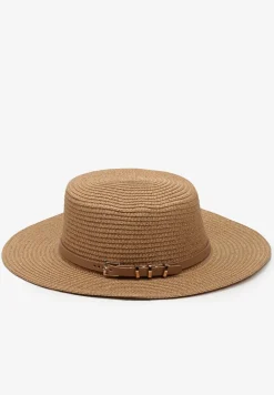 Ciemnobeżowy Kapelusz z Plecionki z Paskiem i Szerokim Rondem Aspicaia