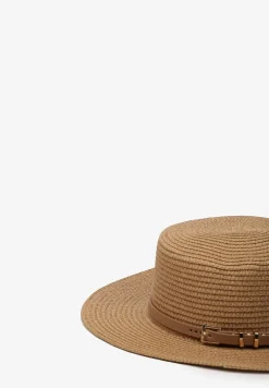 Ciemnobeżowy Kapelusz z Plecionki z Paskiem i Szerokim Rondem Aspicaia