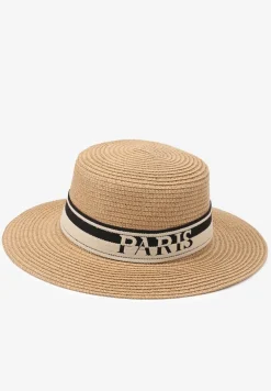 Ciemnobeżowy Kapelusz z Plecionki z Tasiemką i Napisem Kollasea