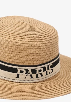 Ciemnobeżowy Kapelusz z Plecionki z Tasiemką i Napisem Kollasea
