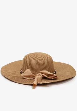 Ciemnobeżowy Kapelusz ze Splecioną Apaszką Boho z Naturalnej Plecionki Aielis