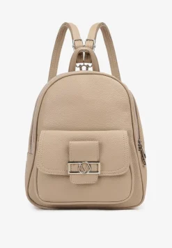 Ciemnobeżowy Mały Plecak z Kieszonką i Metaliczną Ozdobą na Szelkach z Regulacją Ravasindra